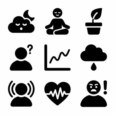 Meditasyon, anksiyete, ruh hali değişimi, üzüntü, öfke ve kişisel gelişim gibi zihinsel sağlık kavramlarını temsil eden dokuz adet simge..
