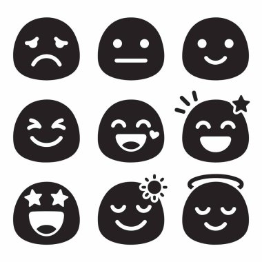 Dokuz basit siyah simge ya da emojiden oluşan bir koleksiyon. Sette hüzünlü, tarafsız, mutlu, göz kırpan, gülen, yıldızlı gözlü ve meleksi duygular için yüzler yer alıyor. İzole vektör simgeleri.