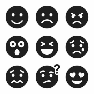 Beyaz arkaplanda dokuz tane saf siyah emoji simgesi var. Sette mutlu, üzgün, kızgın, şaşırmış, gülen, ağlayan, kafası karışık ve aşık ifadeleri yer alıyor..