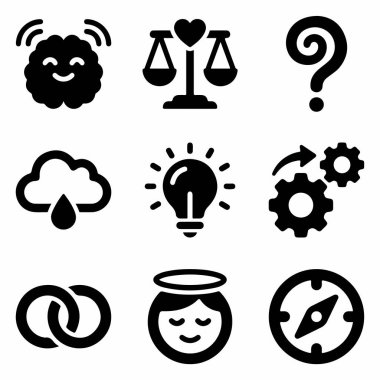 Düşünce, denge, sorular, fikirler, süreç, evlilik ve rehberlik gibi kavramları tasvir eden beyaz bir zemin üzerinde dokuz siyah katı simgenin bir derlemesi.