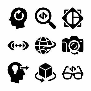 Yenilikçilik, web geliştirme, tasarım, küresel kavramlar ve sanal gerçeklikle ilgili dokuz katı siyah simge koleksiyonu. Kullanıcı arayüzü ve web tasarımı için mükemmel.