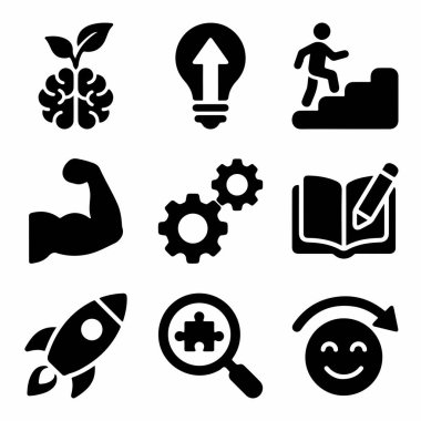 Büyüme zihniyeti, yenilik, kariyer ilerlemesi, güç, strateji, öğrenme, başlangıç, problem çözme ve pozitif tutum gibi kavramları temsil eden siyah katı simgelerin bir derlemesi.