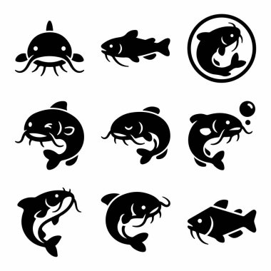Dokuz tane basit siyah beyaz yayın balığı ikonu. Tasarımlar, balıkçılık veya deniz ürünleri markalaşması için uygun ön görüş, yan görünüm ve dairesel logolar da dahil olmak üzere çeşitli pozlar ve stilleri göstermektedir..