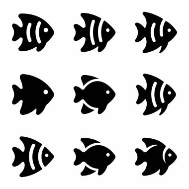 A collection of nine simple fish icons isolated on a white background. The set includes solid black silhouettes and fish with stripes, perfect for logos, web design, or aquatic themes.