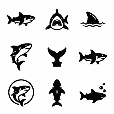 Dokuz izole edilmiş siyah köpekbalığı ikonu koleksiyonu. Köpekbalığı siluetleri, yüzgeçler, kuyruklar ve logo amblemleri dahil. Deniz, hayvan ya da vahşi yaşam temalı grafik tasarım projeleri için mükemmel.