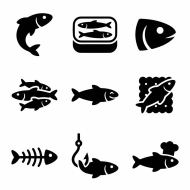 Dokuz katı siyah balık ikonundan oluşan çok yönlü bir set konserve sardalya, balık iskeleti kancaya takılmış balık ve çeşitli tasarım ihtiyaçları için şef balığı.