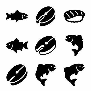 Tam somon, balık bifteği ve bir parça nigiri suşi gibi çeşitli balık türlerini temsil eden dokuz basit siyah ve beyaz vektör ikonundan oluşan bir koleksiyon..