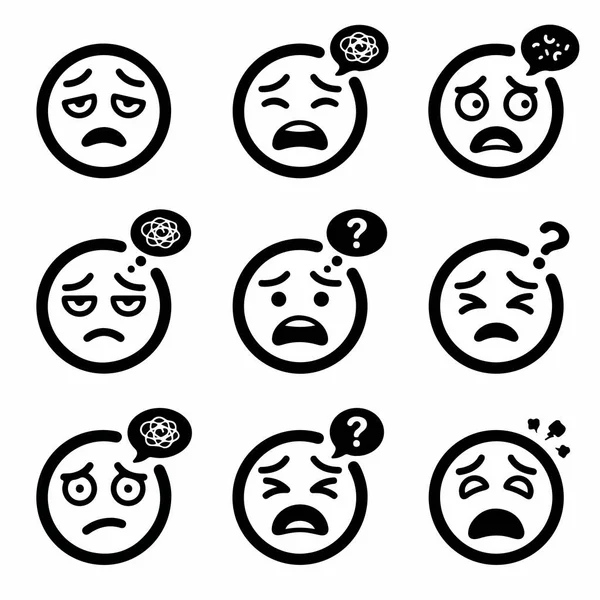 Çeşitli olumsuz duyguları gösteren siyah beyaz çizgi sanat simgelerinden oluşan bir koleksiyon. İfadeler üzüntü, soru işaretleriyle kafa karışıklığı ve karalanmış düşünce baloncuklarıyla kaygı ya da hüsranı gösterir..