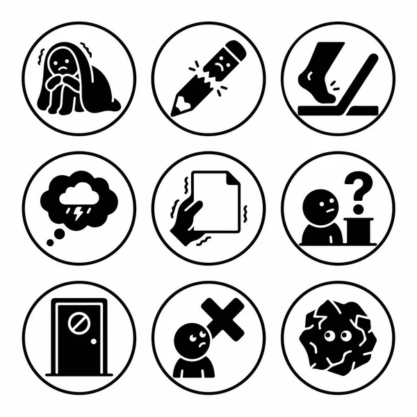 Depresyon, başarısızlık, hayal kırıklığı, kafa karışıklığı ve zihinsel sağlık temaları için reddedilme gibi kavramları gösteren dokuz dairesel siyah simge koleksiyonu.