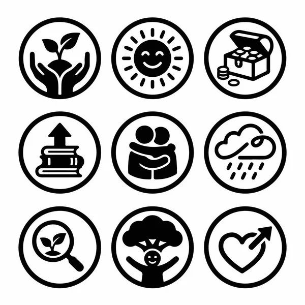 Çevresel duygular finans ve web ve grafik tasarım eğitimi gibi çeşitli temaları tasvir eden daireler içinde dokuz basit simge koleksiyonu