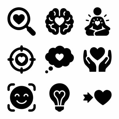 Sevgi, tutku, duygusal zeka, özbakım ve ilişkiler kavramlarını temsil eden dokuz simge bir araya getirildi. İnternet ve mobil arayüzler için mükemmel..