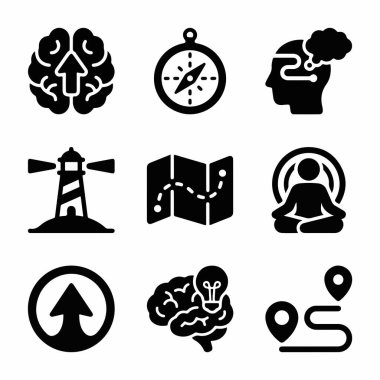 Zihinsel gelişim, yön bulma, farkındalık ve yaratıcı fikirler gibi kavramları temsil eden dokuz katı ikondan oluşan bir derleme. Beyin, pusula, harita ve deniz feneri sembolleri içerir.