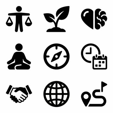 Denge, büyüme, duygusal zeka, meditasyon, yön, planlama, ortaklık, küresel ve seyahat sembollerini içeren dokuz vektör simgesinden oluşan bir koleksiyon.