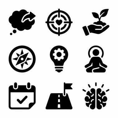 Beyaz bir arkaplanda hedef belirleme, farkındalık, büyüme, planlama ve yenilik gibi kavramları temsil eden dokuz siyah ikondan oluşan bir derleme. Kişisel gelişim veya iş stratejisi temaları için ideal.