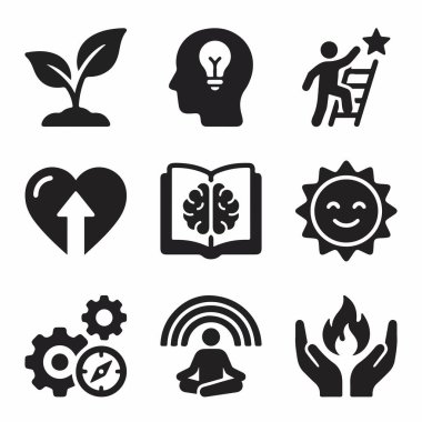 Büyüme, fikirler, hedefler, öğrenme, pozitiflik, farkındalık ve kişisel gelişim projeleri için motivasyon gibi kavramları temsil eden dokuz vektör ikonundan oluşan bir derleme.