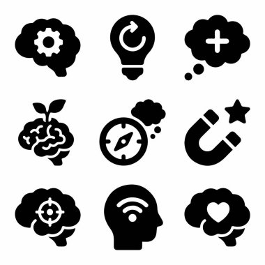 Yaratıcı düşünme, büyüme zihniyeti, olumlu düşünceler, odaklanma, duygusal zeka ve hedef çekim gibi zihinsel kavramları temsil eden dokuz siyah katı ikondan oluşan bir derleme..