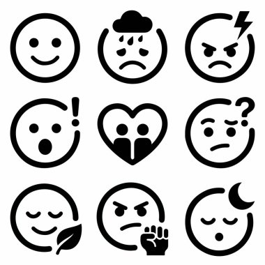 Mutluluk, öfke, aşk karışıklığı ve uyku gibi farklı ruh hallerini gösteren minimalist sanat simgelerinden oluşan bir koleksiyon. İnternet ve uygulama tasarımı için mükemmel.