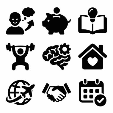Finans, sağlık, bilgi, seyahat, ev ve planlama gibi kişisel gelişim kavramlarını temsil eden dokuz düz simge koleksiyonu. Tasarım için basit vektör sembolleri.