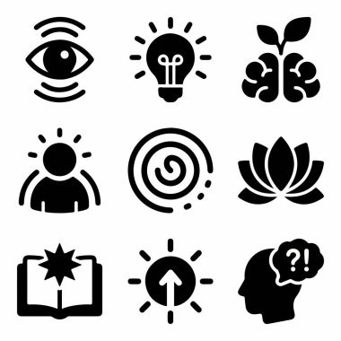 Fikirler, öğrenme, farkındalık, manevi büyüme ve beyaz arka planda problem çözme gibi kavramları sembolize eden dokuz basit simge koleksiyonu..