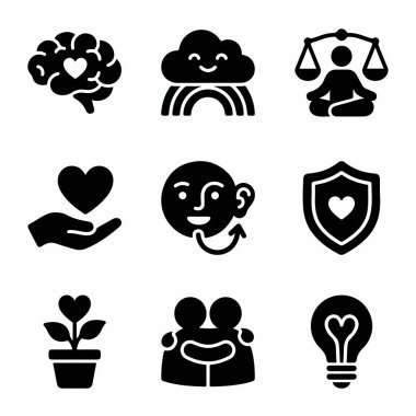 Duygusal zeka, pozitiflik, denge, sevgi, empati, güvenlik, büyüme ve destek gibi zihinsel sağIık kavramlarını temsil eden siyah simgelerin bir derlemesi..