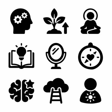 Kişisel gelişim kavramlarını temsil eden dokuz katı siyah simgenin bir derlemesi. Büyüme zihniyeti meditasyon bilgisi öz yansıması ve hırs da dahil..