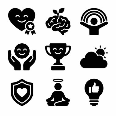 Kişisel bakım, büyüme zihniyeti, mutluluk, başarı ve farkındalık gibi kavramları temsil eden siyah katı simgelerden oluşan bir derleme. Duygusal refahın ve başarının sembolleri.