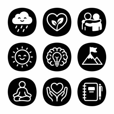 Siyah dairesel arka planlar üzerinde dokuz beyaz sembolden oluşan bir koleksiyon. Kişisel bakım, farkındalık, hedefler ve duygusal refahı temsil eden kavramlar..