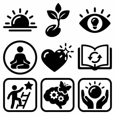 Büyüme, meditasyon, öğrenme, hedefler ve kişisel gelişim ve refah için olumlu düşünme gibi kavramları temsil eden dokuz siyah beyaz simge koleksiyonu.