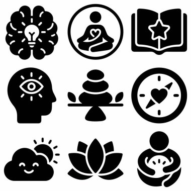 Denge, iç huzur ve refah tasarım projeleri için aydınlanma gibi zihinsel sağlık, öz bakım ve ruhani kavramları temsil eden dokuz siyah ikondan oluşan bir derleme..