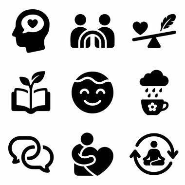 Kendini sevme, empati, denge, büyüme, mutluluk, esneklik, iletişim, özbakım ve farkındalık gibi kavramları temsil eden siyah simgelerden oluşan bir koleksiyon..