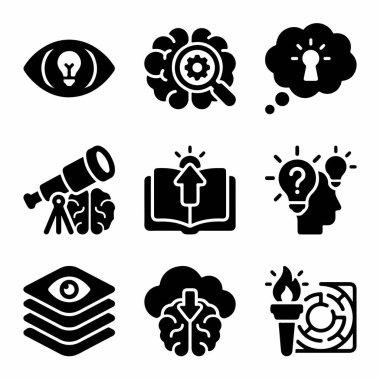 Fikirleri, araştırmayı, problem çözmeyi, keşfi, öğrenmeyi ve ilhamı sembolize eden dokuz siyah ikondan oluşan bir derleme. Beyinde büyüteç, teleskop ve labirent bulunan bir fener gibi simgeler içerir..