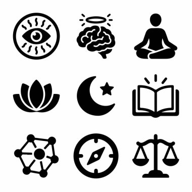 Nilüfer, pusula ve üçüncü göz de dahil olmak üzere meditasyon, bilgelik, adalet, bilgi ve rehberlik gibi kavramları temsil eden dokuz sağlam siyah sembolden oluşan bir derleme..