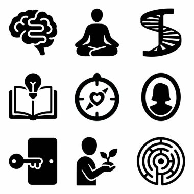 Zihin, kişisel gelişim ve hayat yolculuğunu temsil eden dokuz siyah kabartma simgesinin toplanması. Beyin, yoga, DNA, bilgi, sezgi ve büyüme sembollerini içerir.