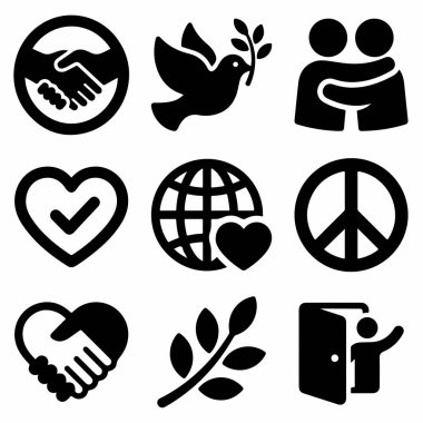 Barış güvercini, tokalaşma, kalp, dünya ve barış işareti de dahil olmak üzere dokuz basit vektör simgesi. Beyaz bir arkaplanda uyum, dostluk ve işbirliği sembolleri..