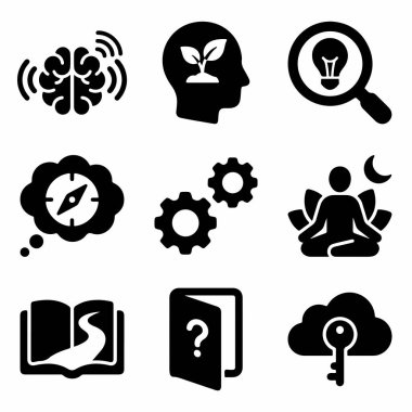 Beyin aktivitesi, büyüme zihniyeti, araştırma, meditasyon, öğrenme gibi kavramları tasvir eden ve ağ ve mobil için kilit potansiyelini ortaya çıkaran dokuz katı siyah simgenin bir derlemesi.