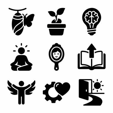 Dönüşüm, büyüme, farkındalık, öz yansıma, bilgi, özgürlük, tutku ve yeni başlangıçlar gibi kişisel gelişim kavramlarını temsil eden siyah simgelerden oluşan bir derleme..