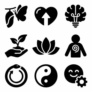 Kişisel gelişim, dönüşüm, farkındalık ve denge kavramlarını temsil eden dokuz siyah katı ikondan oluşan bir derleme. Kelebek, kalp, beyin, nilüfer ve yin yang sembolleri içerir..