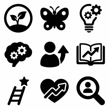 Büyüme, dönüşüm, yenilik, zihniyet, öğrenme, hırs, tutku ve kişisel gelişim için öz analiz gibi kavramları temsil eden dokuz sembolden oluşan bir derleme..