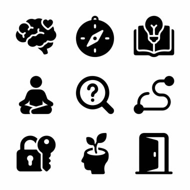 Akıl sağlığı, kendini keşfetme, bilgi, problem çözme ve kişisel gelişim gibi kavramları temsil eden dokuz siyah ikondan oluşan bir derleme. Beyin, pusula, kitap, meditasyon ve anahtar sembolleri içerir.