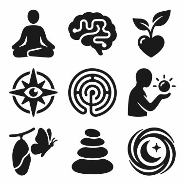 Yoga pozu, labirent ve dengeli taşlar da dahil olmak üzere ruhanilik, psikoloji ve kişisel gelişim için basit vektör sembolleri kümesi..