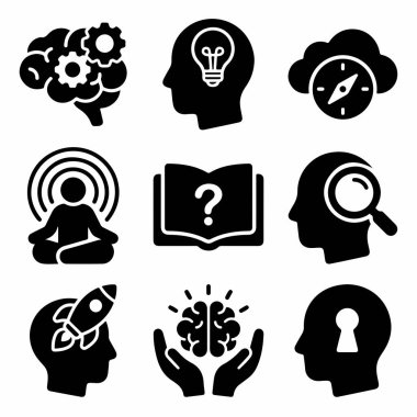 Fikirler, öğrenme, meditasyon, araştırma ve kilit açma potansiyeli gibi çeşitli zihinsel kavramları sembolize eden dokuz katı siyah sembolden oluşan bir derleme. Vektör illüstrasyonu.