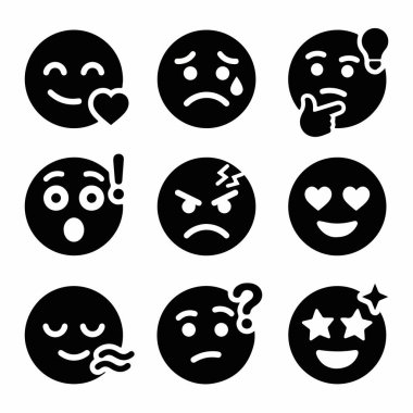 Beyaz arka planda dokuz tane monokrom emoji sembolü koleksiyonu. İkonlar aşk, üzüntü, öfke, sürpriz ve karmaşa gibi çeşitli duygu ve tepkileri tasvir eder..