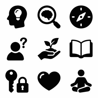 Fikirler, araştırma, yön, sorular, büyüme, bilgi, çözümler, aşk ve kişisel gelişim farkındalığı gibi kavramları temsil eden dokuz siyah sembol..