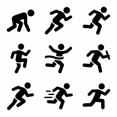 Dokuz basit siyah piktogramdan oluşan bir koleksiyon. Başlangıç, koşu, koşu ve yarışı bitirmek gibi çeşitli atletik pozisyonlarda insan figürlerini gösteriyor..