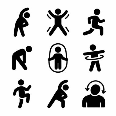 Çeşitli fiziksel egzersizleri ve spor faaliyetlerini temsil eden dokuz basit siyah beyaz ikondan oluşan bir derleme. Esneme, koşma, zıplama ve ip atlamayı içerir..