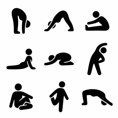 İnsanları farklı yoga ve esneklik pozisyonlarında tasvir eden basit piktogramlar koleksiyonu, öne eğilmeler, arkaya eğilmeler ve beyaz bir arka planda izole edilmiş koltuklar..