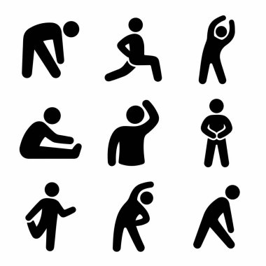 Spor, sağlık ve esneklik için çeşitli esneme ve ısınma egzersizleri yapan bir kişiyi gösteren dokuz basit siyah kabartma ya da piktogramdan oluşan bir derleme..