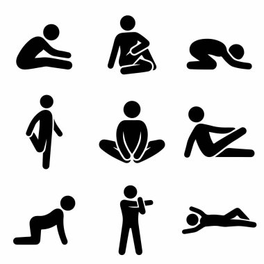 Beyaz arka planda dokuz basit siyah resim koleksiyonu. Her bir simge farklı bir esneme, yoga veya esneklik ve sağIık için zindelik pozu veren bir kişiyi tasvir eder..