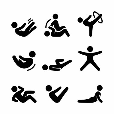 Beyaz bir zemin üzerinde mekik, mekik, germe ve jimnastik hareketleri de dahil olmak üzere farklı spor ve spor pozisyonlarındaki insanları gösteren dokuz basit siyah piktogramdan oluşan bir koleksiyon..