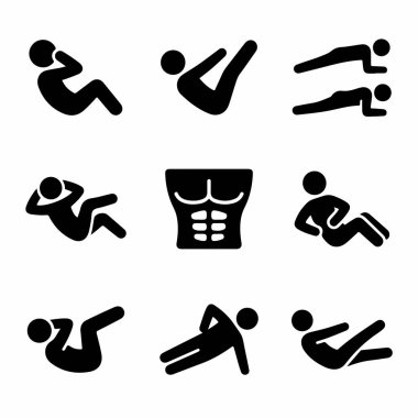 mekik, mekik, kalas ve bacak kaldırma gibi karın egzersizlerini gösteren basit siyah simgelerden oluşan bir derleme. Vücut geliştirme ve çekirdek dayanıklılığı için merkezi bir gövde sembolü var..